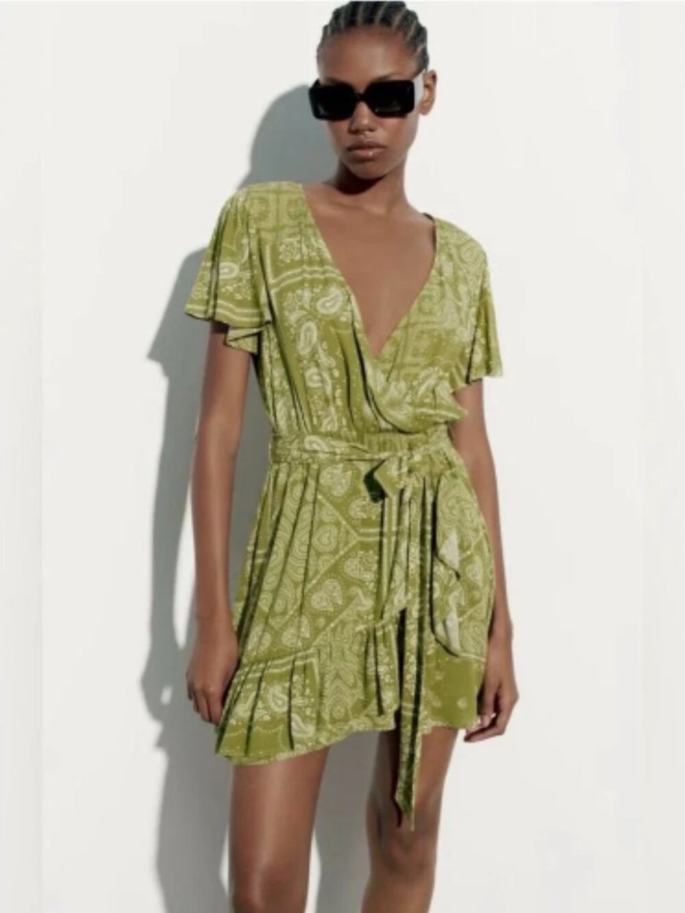 Zara Green Paisley Wrap Front Belted Romper Medium